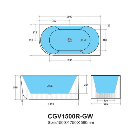 Capri CGV1500R Oval Freestanding Right Corner Bathtub — detail 4
