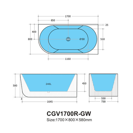 Capri CGV1700R Oval Freestanding Right Corner Bathtub — detail 4