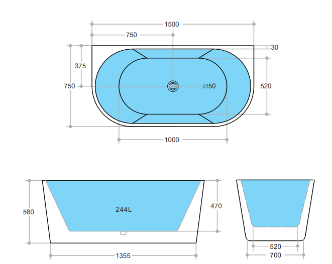 Elivia ELBT1500 Back to Wall Bathtub — detail 3