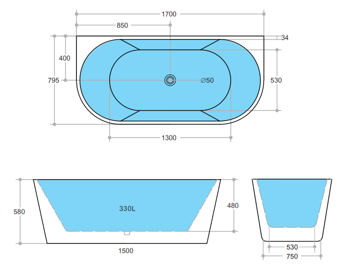 Elivia MBBT-10-1700 Back to Wall Bathtub — detail 4
