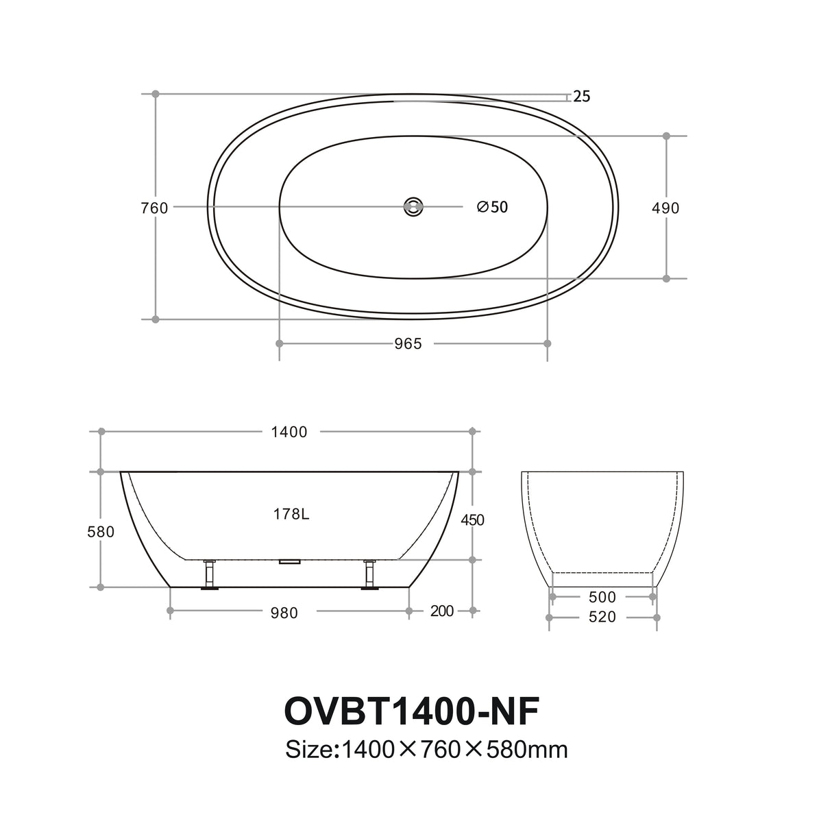Ovy Acrylic Freestanding Bathtub 1400/1500/1700 OVY1400/1500/1700-NF/OF — detail 5