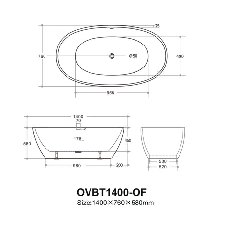 Ovy Acrylic Freestanding Bathtub 1400/1500/1700 OVY1400/1500/1700-NF/OF — detail 4