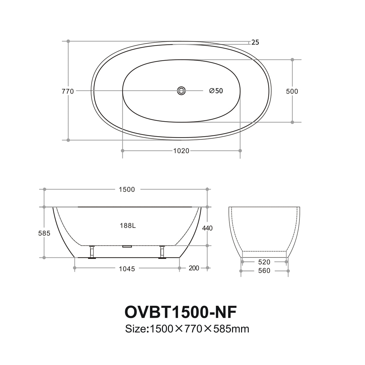 Ovy Acrylic Freestanding Bathtub 1400/1500/1700 OVY1400/1500/1700-NF/OF — detail 6