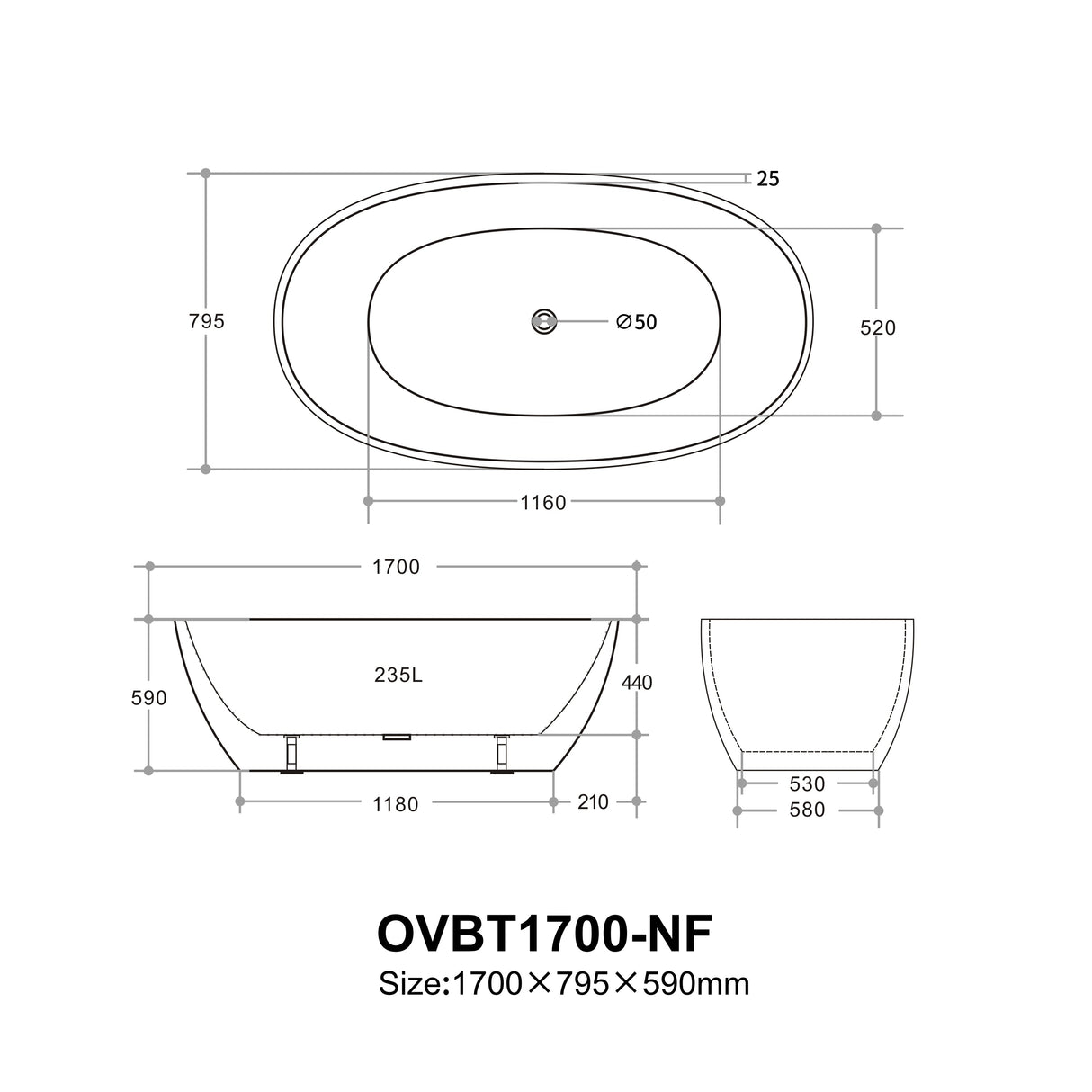 Ovy Acrylic Freestanding Bathtub 1400/1500/1700 OVY1400/1500/1700-NF/OF — detail 8