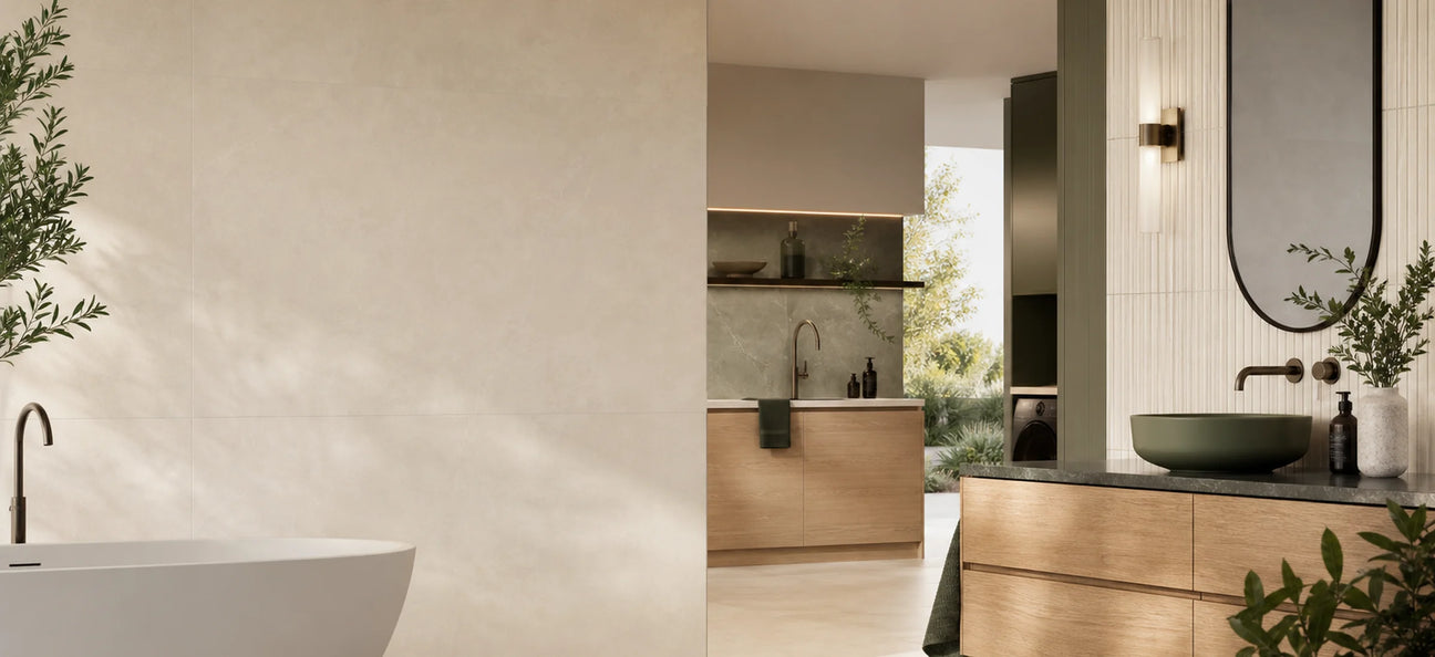 Warm contemporary bathroom showcasing the BestenHome range