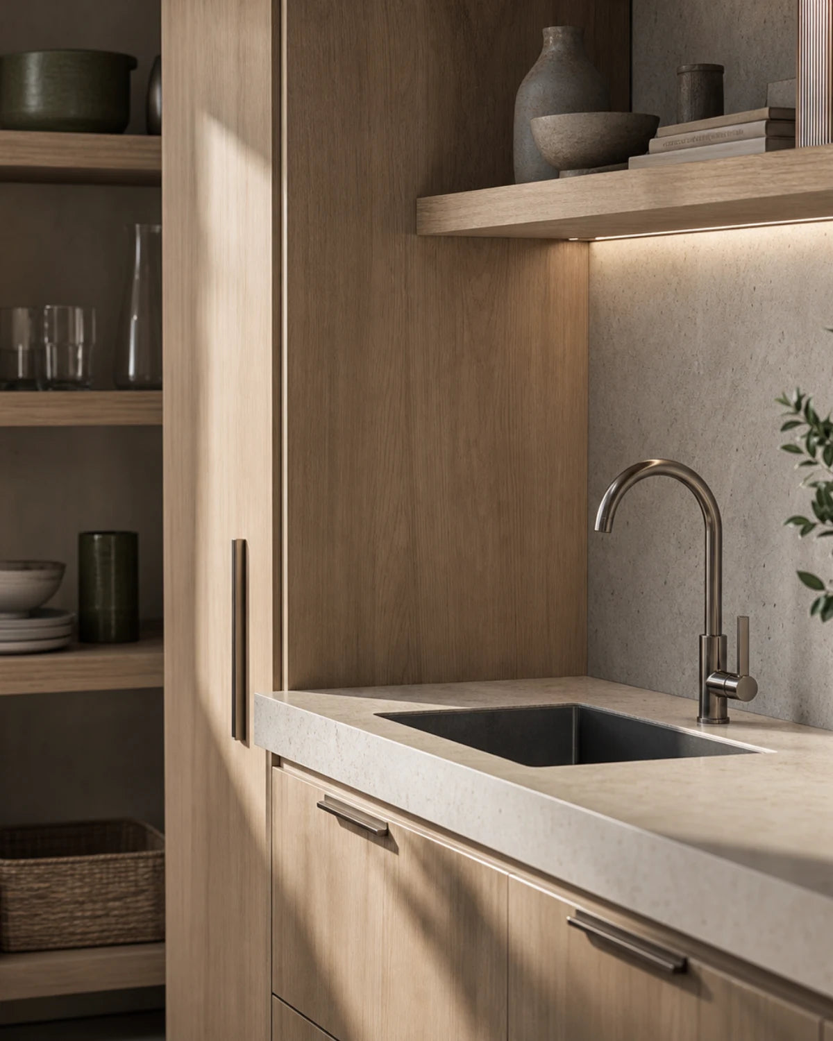 Contemporary kitchen with pale cabinetry and integrated storage