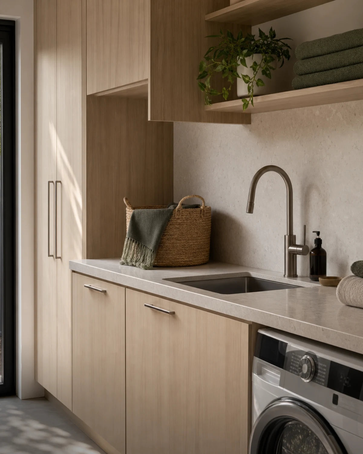 Contemporary laundry with integrated cabinetry and practical storage