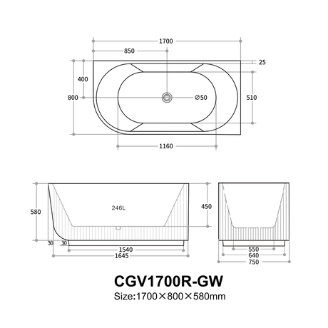 Capri Fluted  Corner Freestanding Bathtub 1500/1700mm CBAT1500L/R-GW/MW/MB/CBAT1700L/R-GW/MW/MB — detail 7