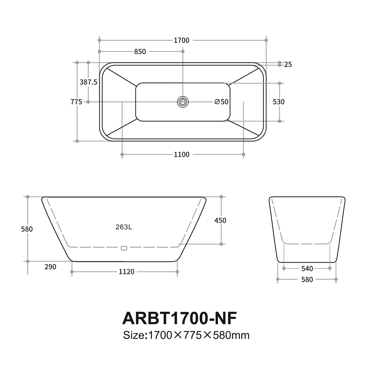 Rossa Freestanding Bathtub 1500/1700 RBAT1500-NF/RBAT1700-NF — detail 4