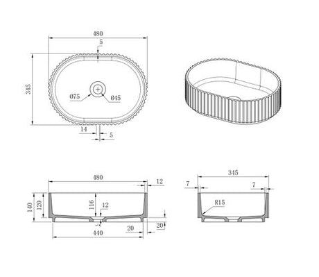 Havana Oval Fluted Solid Surface 480x345x140 Matte White Basin NF — detail 4