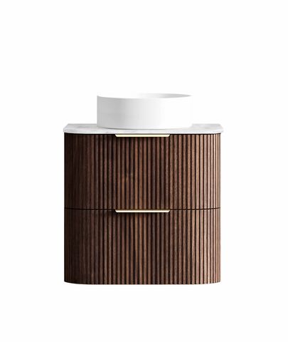 Havana 600mm Sable Walnut Fluted Wall Hung Curve Vanity with Cloudy Carrara Top
