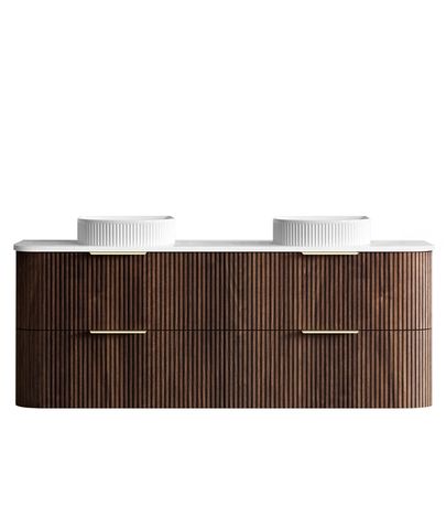 Havana 1500mm Sable Walnut Fluted Wall Hung Curve Vanity with Pure White Top