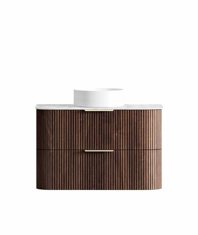 Havana 900mm Sable Walnut Fluted Wall Hung Curve Vanity with Cloudy Carrara Top