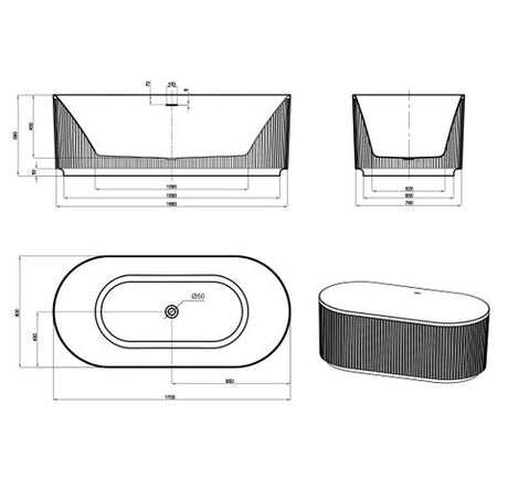 Attica Havana 1700 Matte White Fluted Bath with Overflow — detail 3