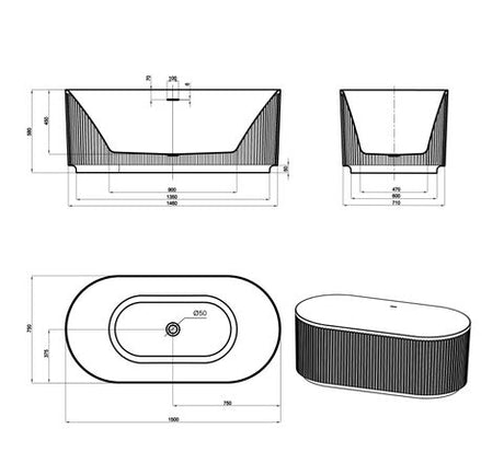 Attica Havana 1500 Matte White Fluted Bath with Overflow — detail 4