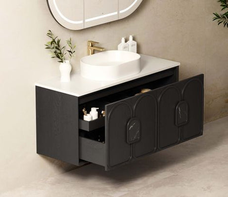Laguna 1200mm Black American Oak Wall Hung Vanity with Pure White Top — detail 4