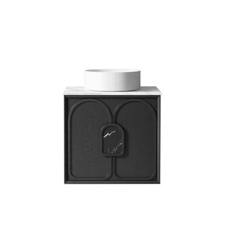 Laguna 600mm Black American Oak Wall Hung Vanity with Natural Carrara Marble Top — detail 2