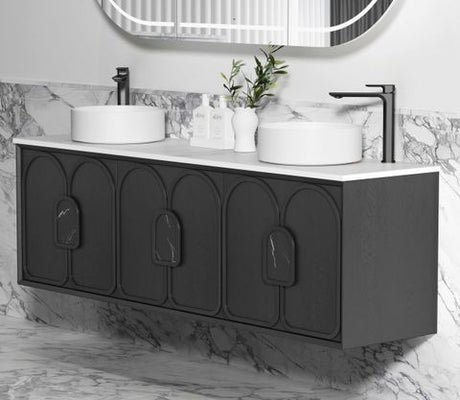 Laguna 1800mm Black American Oak Wall Hung Vanity with Natural Carrara Marble Top — detail 2