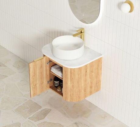 Bondi 600mm Woodland Oak Fluted Curve Vanity with Cloudy Carrara Top — detail 4