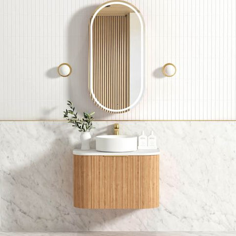 Bondi 750mm Woodland Oak Fluted Curve Vanity with Cloudy Carrara Top