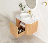 Bondi 750mm Woodland Oak Fluted Curve Vanity with Cloudy Carrara Top — detail 5