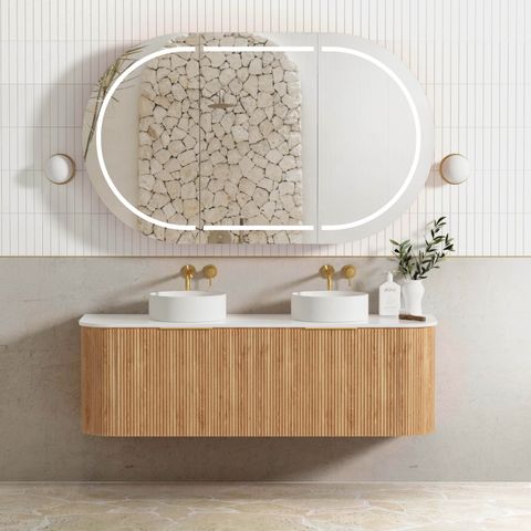 Bondi 1500mm Woodland Oak Fluted Curve Vanity with Cloudy Carrara Top