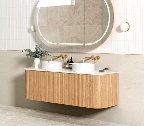 Bondi 1500mm Woodland Oak Fluted Curve Vanity with Cloudy Carrara Top — detail 2