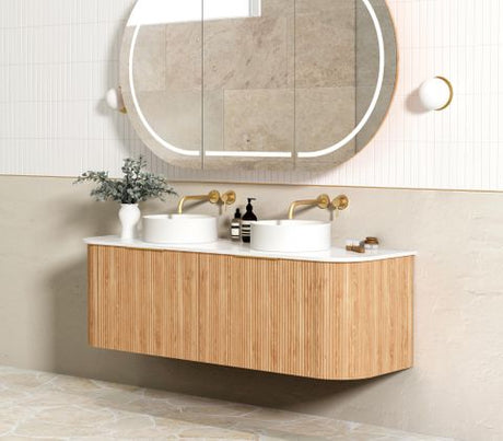 Bondi 1500mm Woodland Oak Fluted Curve Vanity with Cloudy Carrara Top — detail 2