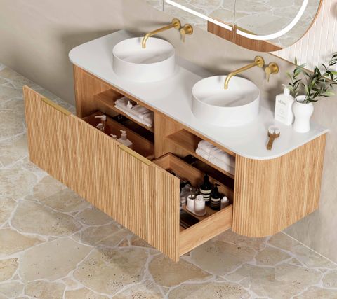 Bondi 1500mm Woodland Oak Fluted Curve Vanity with Cloudy Carrara Top — detail 5
