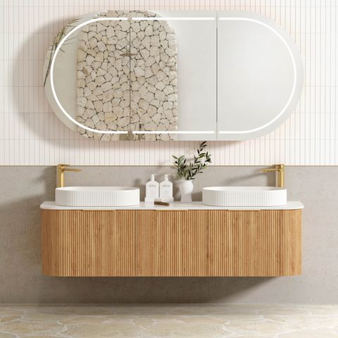 Bondi 1800mm Woodland Oak Fluted Curve Vanity with Cloudy Carrara Top
