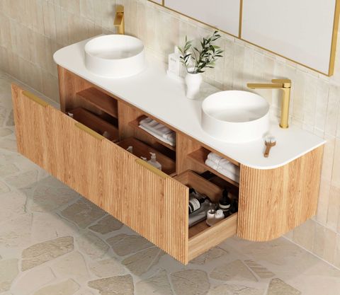 Bondi 1800mm Woodland Oak Fluted Curve Vanity with Cloudy Carrara Top — detail 5