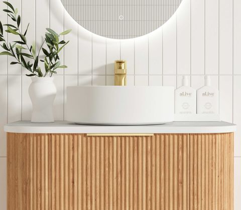 Bondi 750mm Woodland Oak Fluted Curve Vanity with Pure White Top — detail 2