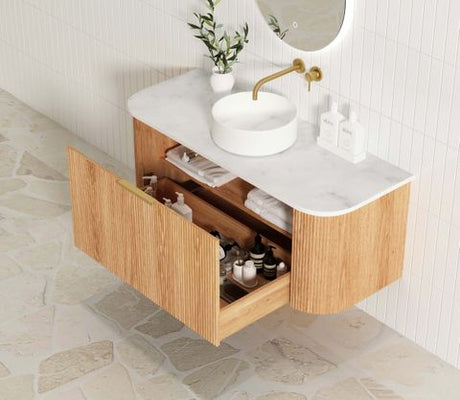 Bondi 1200mm Woodland Oak Fluted Curve Vanity with Cloudy Carrara Top — detail 5