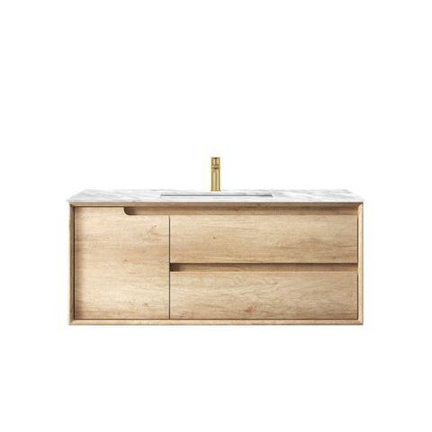 Byron 1200mm Natural Oak Wall Hung Vanity with Undermount Natural Carrara Marble Top & Basin