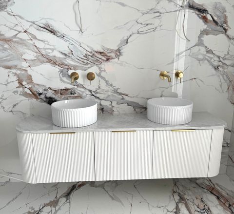 Bondi 1800mm Satin White Fluted Wall Hung Curve Vanity with Natural Carrara Marble Top — detail 7