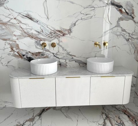 Bondi 1800mm Satin White Fluted Wall Hung Curve Vanity with Natural Carrara Marble Top — detail 7