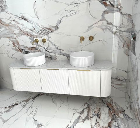 Bondi 1800mm Satin White Fluted Wall Hung Curve Vanity with Natural Carrara Marble Top — detail 8