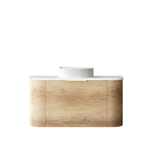 Bondi 900mm Natural Oak Wall Hung Curve Vanity with Cloudy Carrara Top