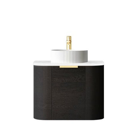 Bondi 600mm Black Oak Wall Hung Curve Vanity with Cloudy Carrara Top — detail 2