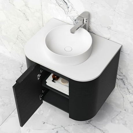 Bondi 600mm Black Oak Wall Hung Curve Vanity with Cloudy Carrara Top — detail 4