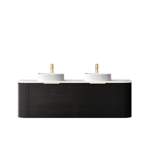 Bondi 1500mm Black Oak Wall Hung Curve Vanity with Cloudy Carrara Top — detail 3