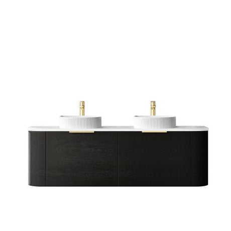 Bondi 1500mm Black Oak Wall Hung Curve Vanity with Cloudy Carrara Top — detail 3