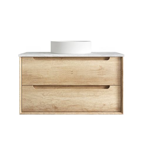 Byron 900mm Natural Oak Wall Hung Vanity with Cloudy Carrara Top