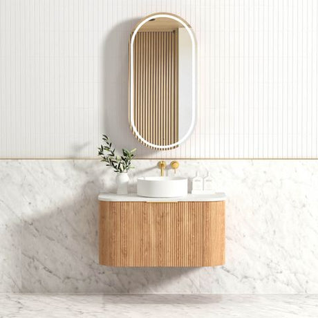 Bondi 900mm Woodland Oak Fluted Curve Vanity with Cloudy Carrara Top