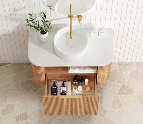 Bondi 900mm Woodland Oak Fluted Curve Vanity with Cloudy Carrara Top — detail 5