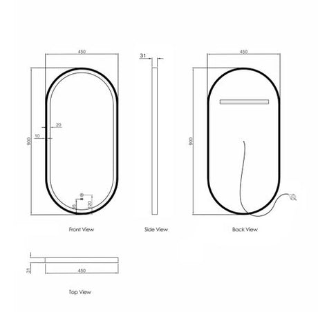 LED Noosa 900(H)x450(W) Black Metal Frame Tuffi Mirror — detail 2