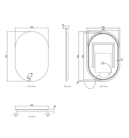 LED Noosa 900(H)x600(W) Frameless Tuffi Mirror - Install Horizontal or Vertical — detail 6