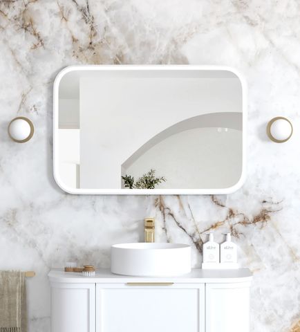 LED Newport 900(H)x600(W) White Metal Frame Tuffi Mirror- Install Horizontal or Vertical