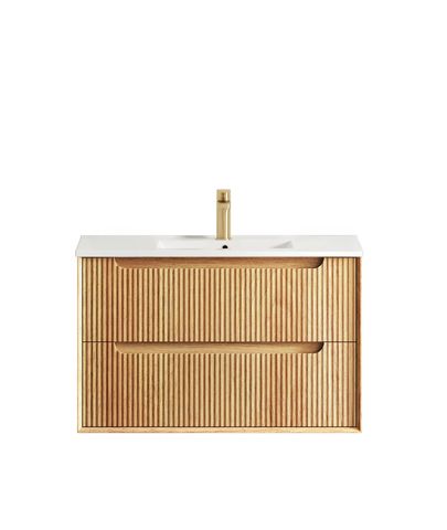 Byron Fluted 900mm Woodland Oak Wall Hung Vanity with Ceramic Top