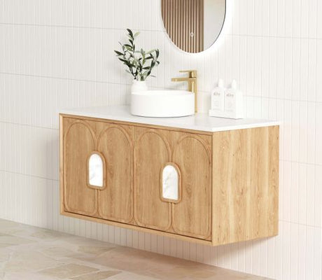 Laguna Mark II 1200mm Woodland Oak Wall Hung Vanity with Natural Carrara Marble Top — detail 2